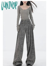 Lunivop Women’s Grey Wide Leg Jeans American Vintage Casual Temperament Denim Trousers Female